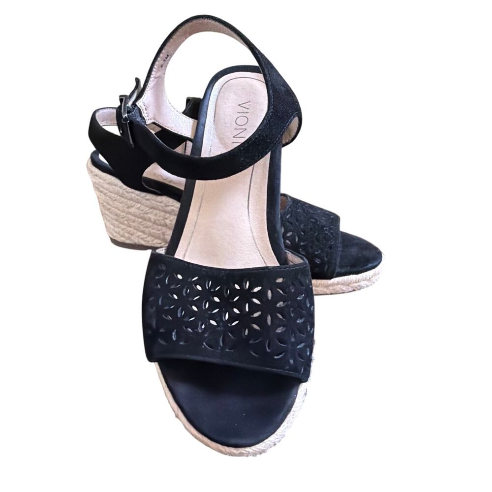 Vionic Ariel Wedge Sandal Women's Size 6.5 Black Suede Boho Chic Classic Strappy